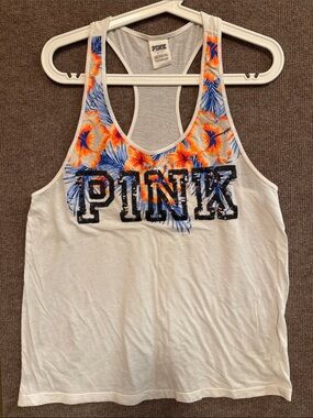 PINK Victoria's Secret White Tank with Orange & Blue Floral Accents Sequin logo